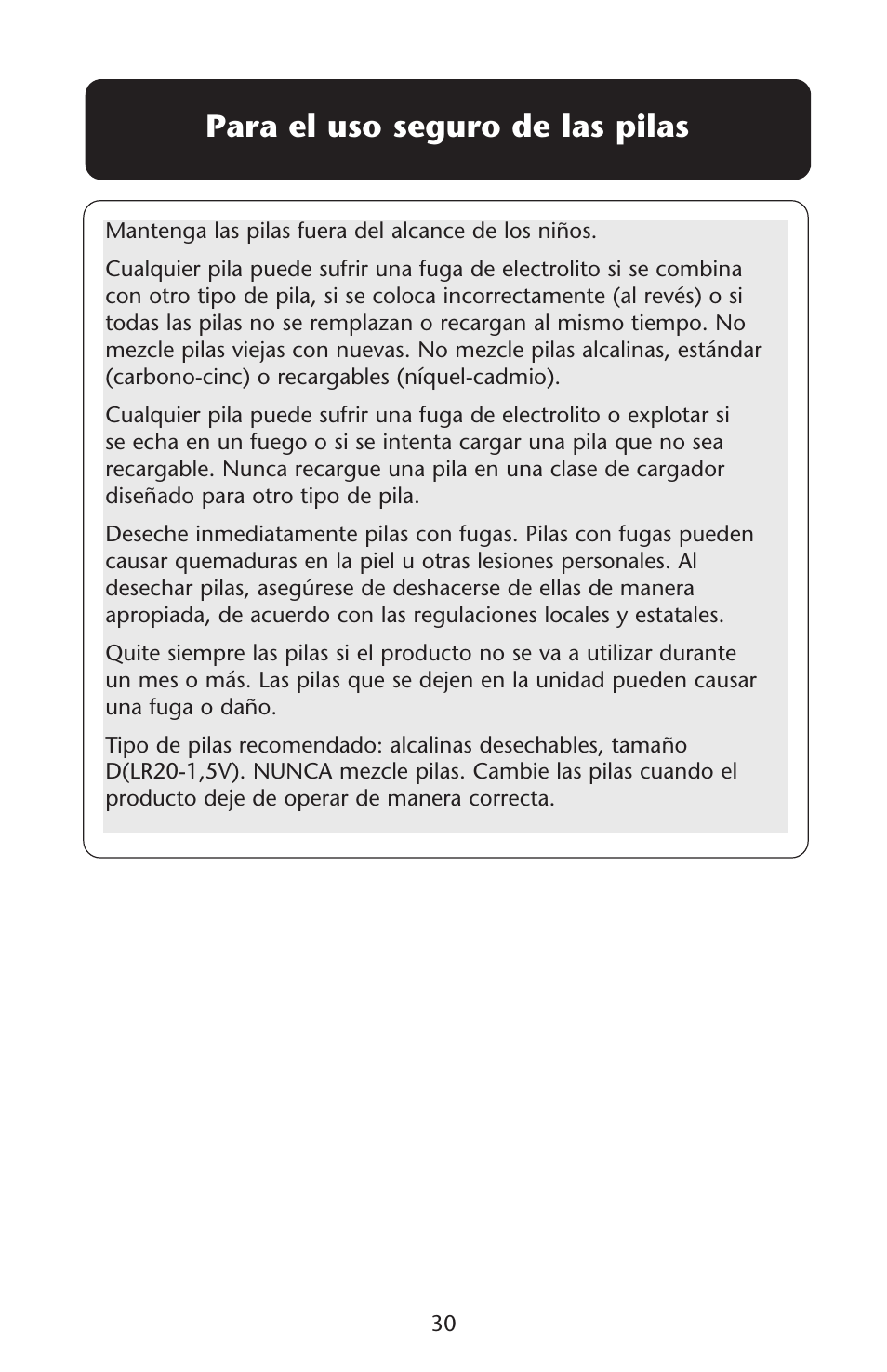 Para el uso seguro de las pilas | Graco Lovin' Hug 1757814 User Manual | Page 30 / 48