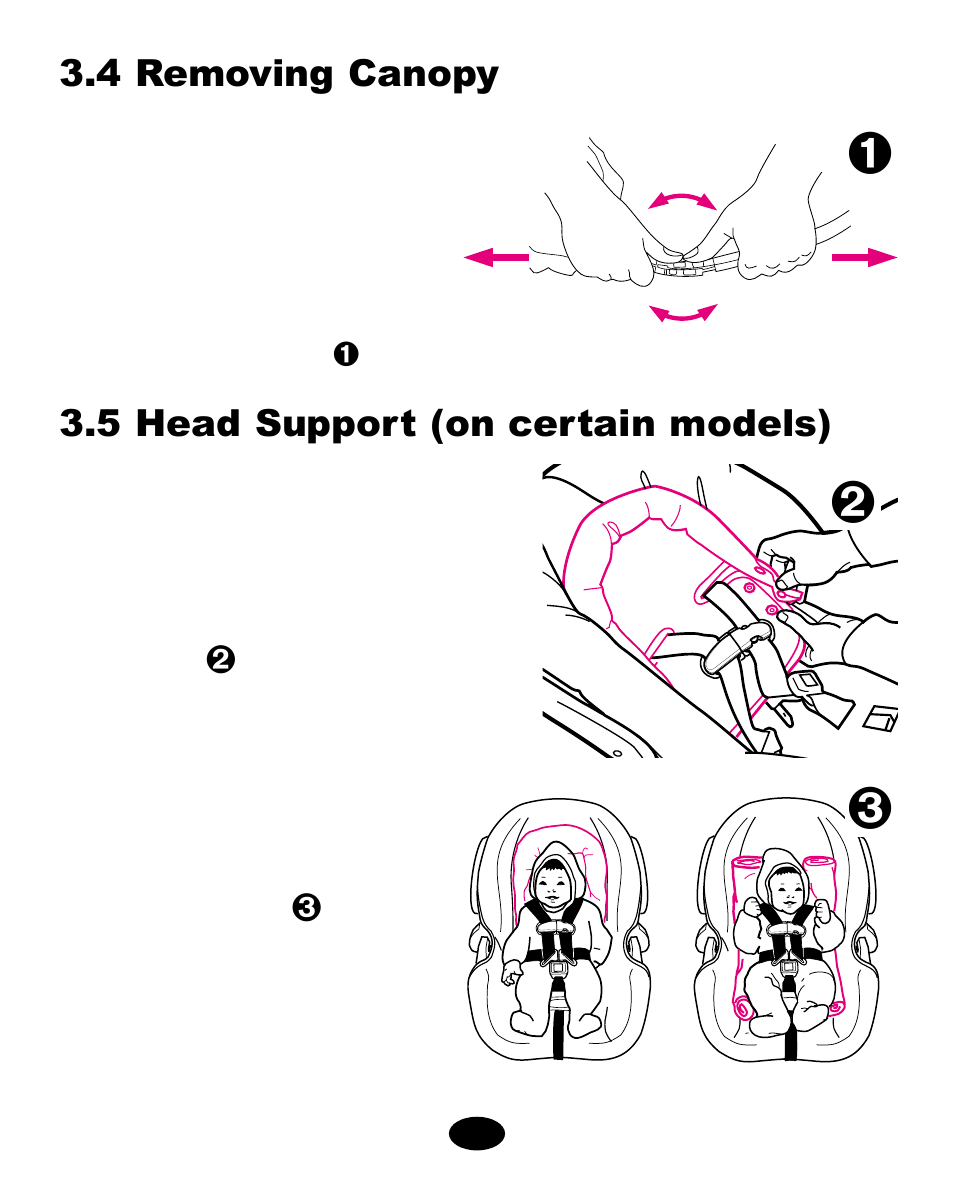 5 head support (on certain models), 4 removing canopy | Graco ISPA063AA User Manual | Page 44 / 112