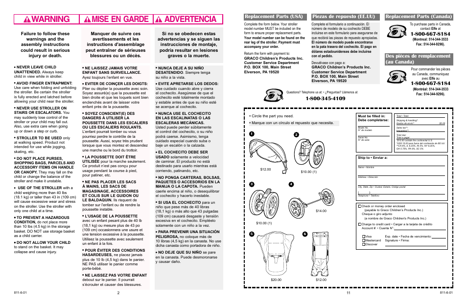 Warning advertencia mise en garde, Replacement parts (usa) piezas de repuesto (ee.uu), Replacement parts (canada) | Des pièces de remplacement (au canada) | Graco 6474 User Manual | Page 2 / 11