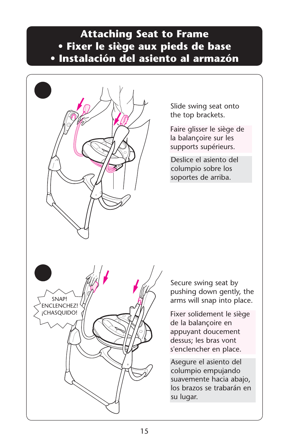 Attaching seat to frame s s | Graco Silhouette 1762256 User Manual | Page 15 / 40