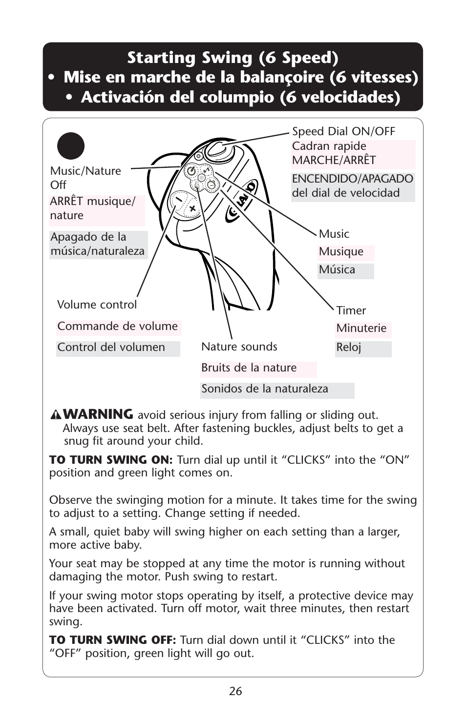 Starting swing (6 speed) s s | Graco Silhouette 1762256 User Manual | Page 26 / 40