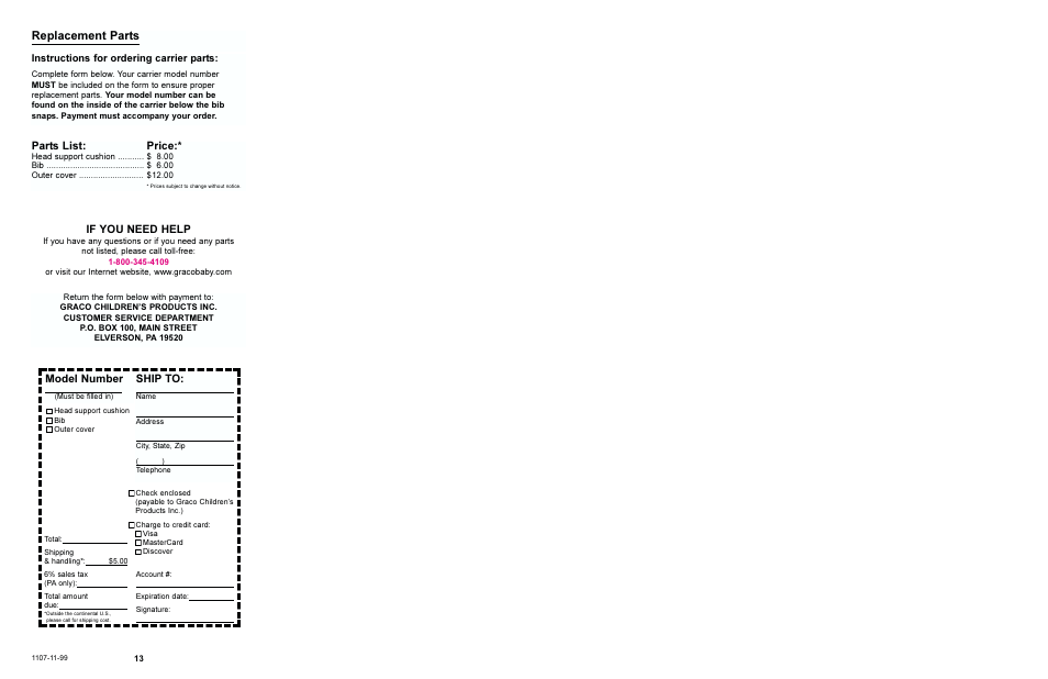 Replacement parts, If you need help, Model number | Ship to, Parts list, Price, Instructions for ordering carrier parts | Graco 5077 User Manual | Page 7 / 7