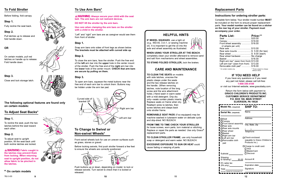 Helpful hints, Care and maintenance, Replacement parts | Ship to, If you need help, Parts list, Price | Graco 6500 User Manual | Page 12 / 12