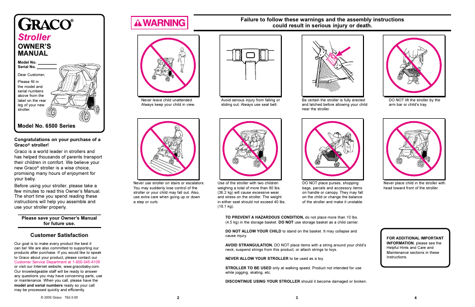 Stroller, Owners manual, Customer satisfaction | Model no. 6500 series | Graco 6500 User Manual | Page 2 / 12