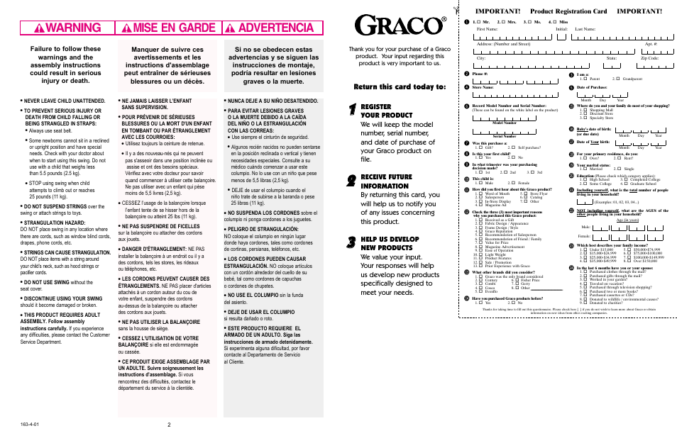 Warning advertencia mise en garde, Bm bl bn bt bu bs br bq bo bp cl cm cn co cp, Return this card today to | Important! product registration card important | Graco 1428  eu User Manual | Page 2 / 24