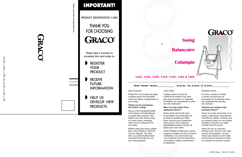 Important, Swing, Balançoire | Columpio, Register, Your, Product, Receive, Future, Information | Graco 1428  eu User Manual | Page 23 / 24