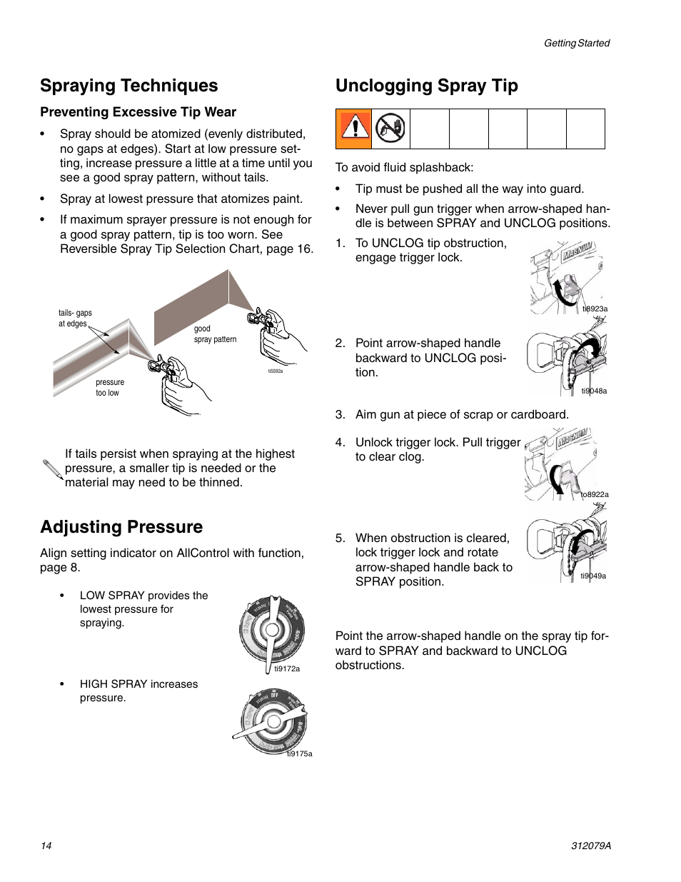 Spraying techniques, Adjusting pressure, Unclogging spray tip | Graco MAGNUM 261800 User Manual | Page 14 / 36
