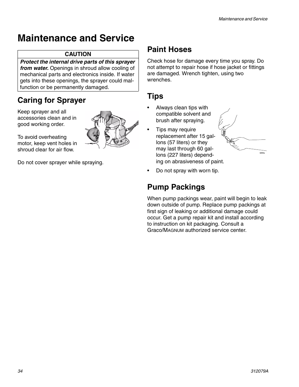 Maintenance and service, Caring for sprayer, Paint hoses | Tips, Pump packings | Graco MAGNUM 261800 User Manual | Page 34 / 36
