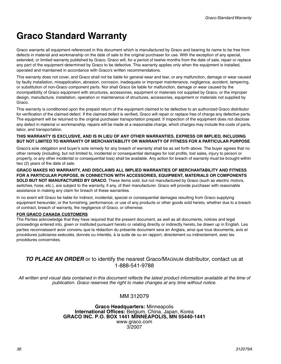 Graco standard warranty | Graco MAGNUM 261800 User Manual | Page 36 / 36