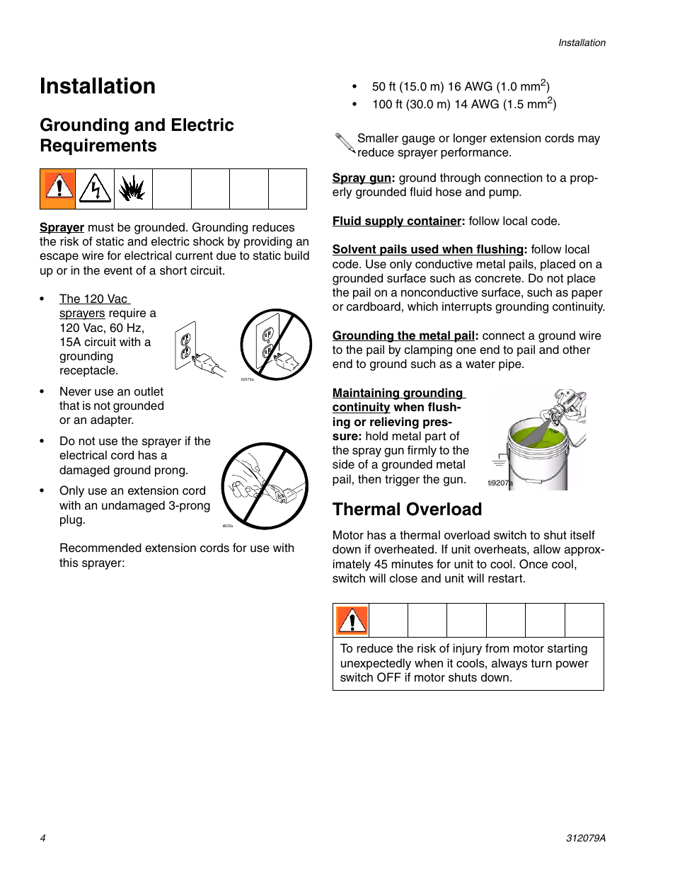 Installation, Grounding and electric requirements, Thermal overload | Graco MAGNUM 261800 User Manual | Page 4 / 36