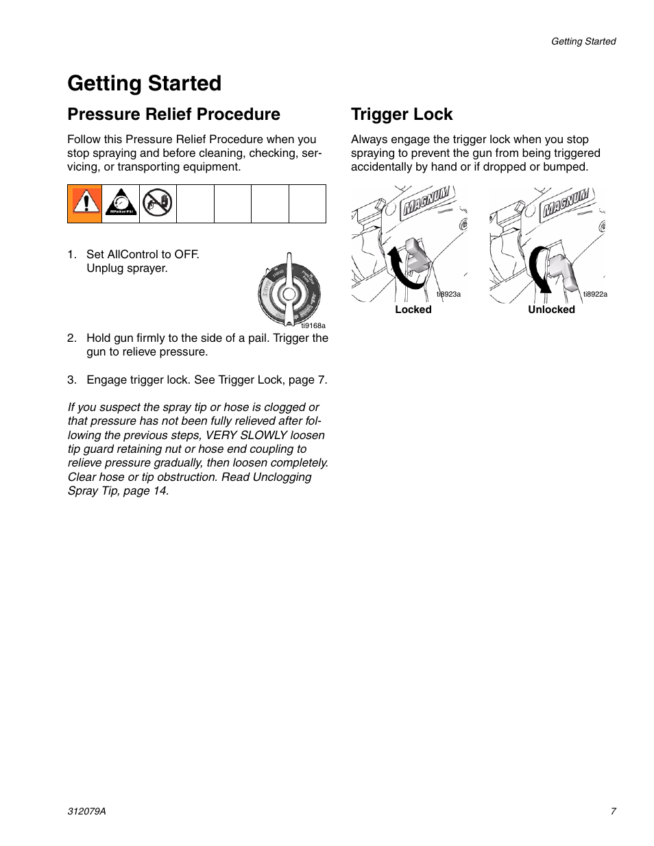 Getting started, Pressure relief procedure, Trigger lock | Graco MAGNUM 261800 User Manual | Page 7 / 36