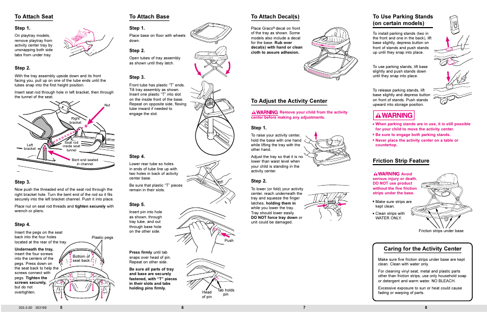 Caring for the activity center, Friction strip feature to attach decal(s) | Graco 4440 User Manual | Page 3 / 7