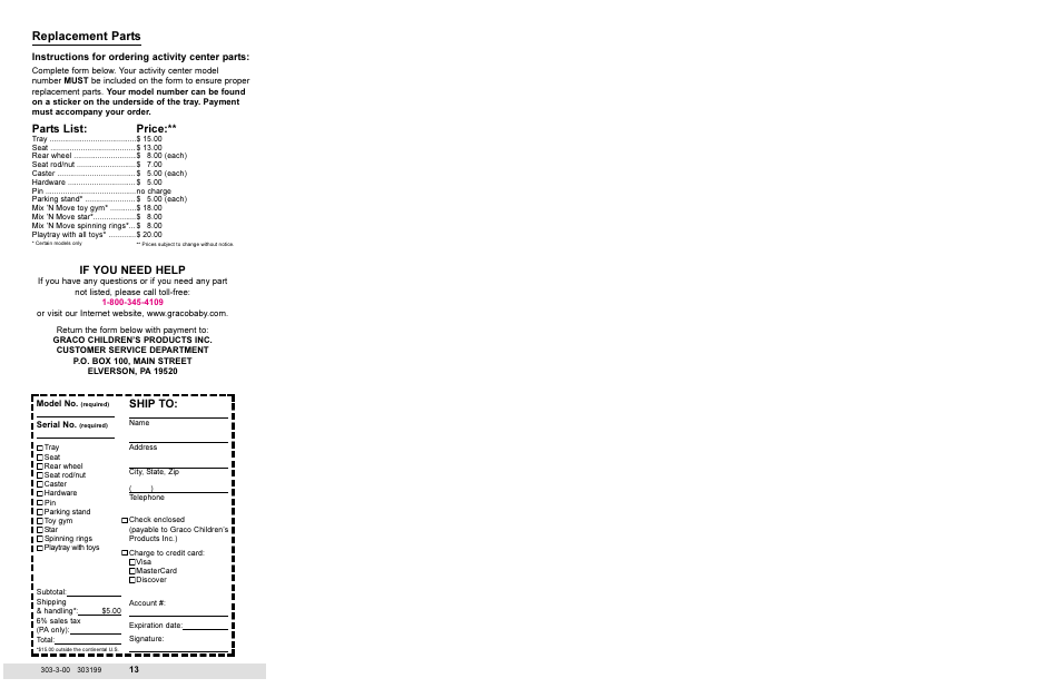Replacement parts, Parts list, Price | If you need help, Ship to | Graco 4440 User Manual | Page 7 / 7