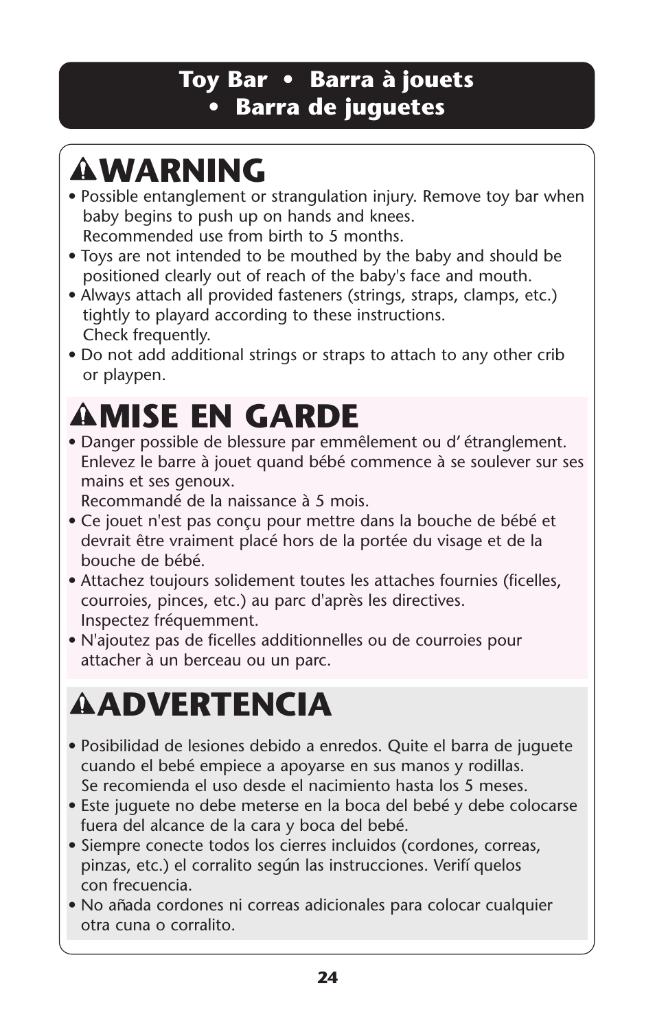 Advertencia, Warning, Mise en garde | Toy bar • barra à jouets • barra de juguetes | Graco ISPP072AC User Manual | Page 24 / 28