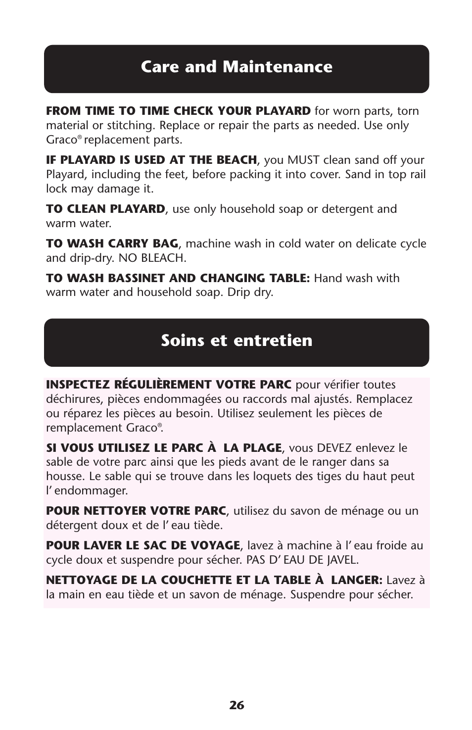 Soins et entretien, Care and maintenance | Graco ISPP072AC User Manual | Page 26 / 28