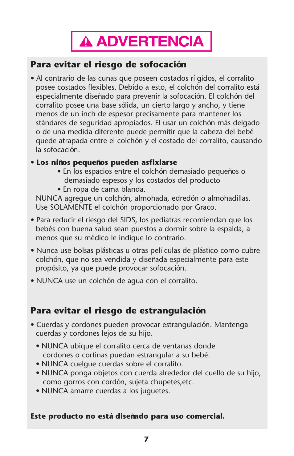 Para evitar el riesgo de sofocación, Para evitar el riesgo de estrangulación | Graco ISPP072AC User Manual | Page 7 / 28