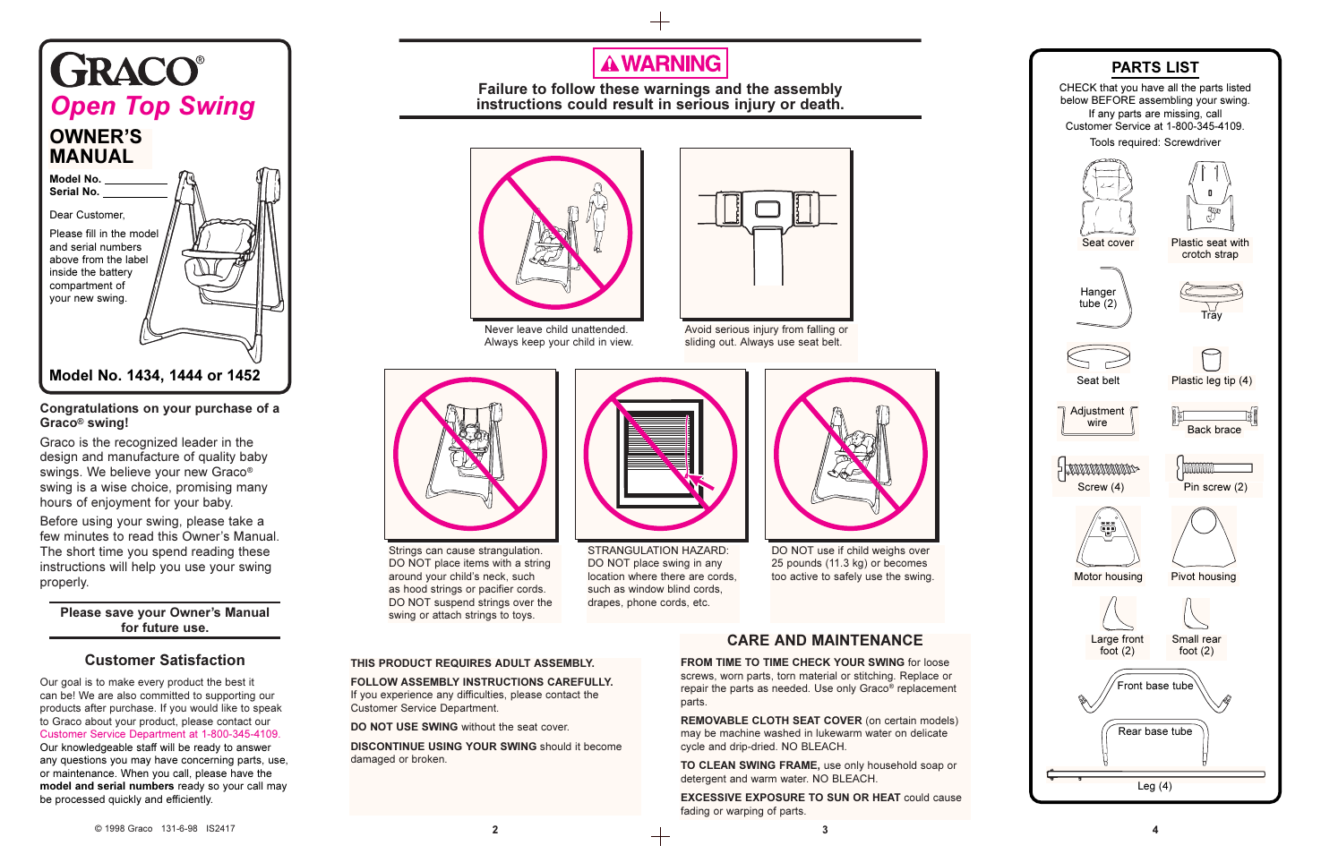 Open top swing, Owners manual, Care and maintenance | Customer satisfaction | Graco 1434  EN User Manual | Page 2 / 7