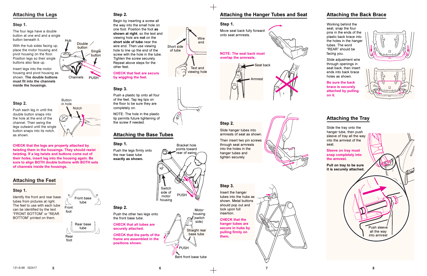Attaching the legs, Attaching the feet, Attaching the base tubes | Attaching the hanger tubes and seat, Attaching the back brace, Attaching the tray | Graco 1434  EN User Manual | Page 4 / 7