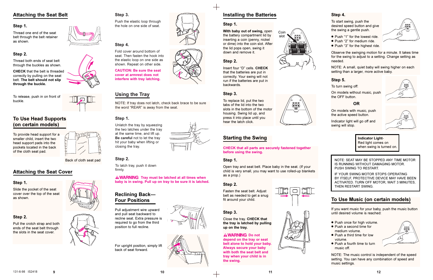 Using the tray, Attaching the seat cover, Starting the swing | Graco 1434  EN User Manual | Page 6 / 7