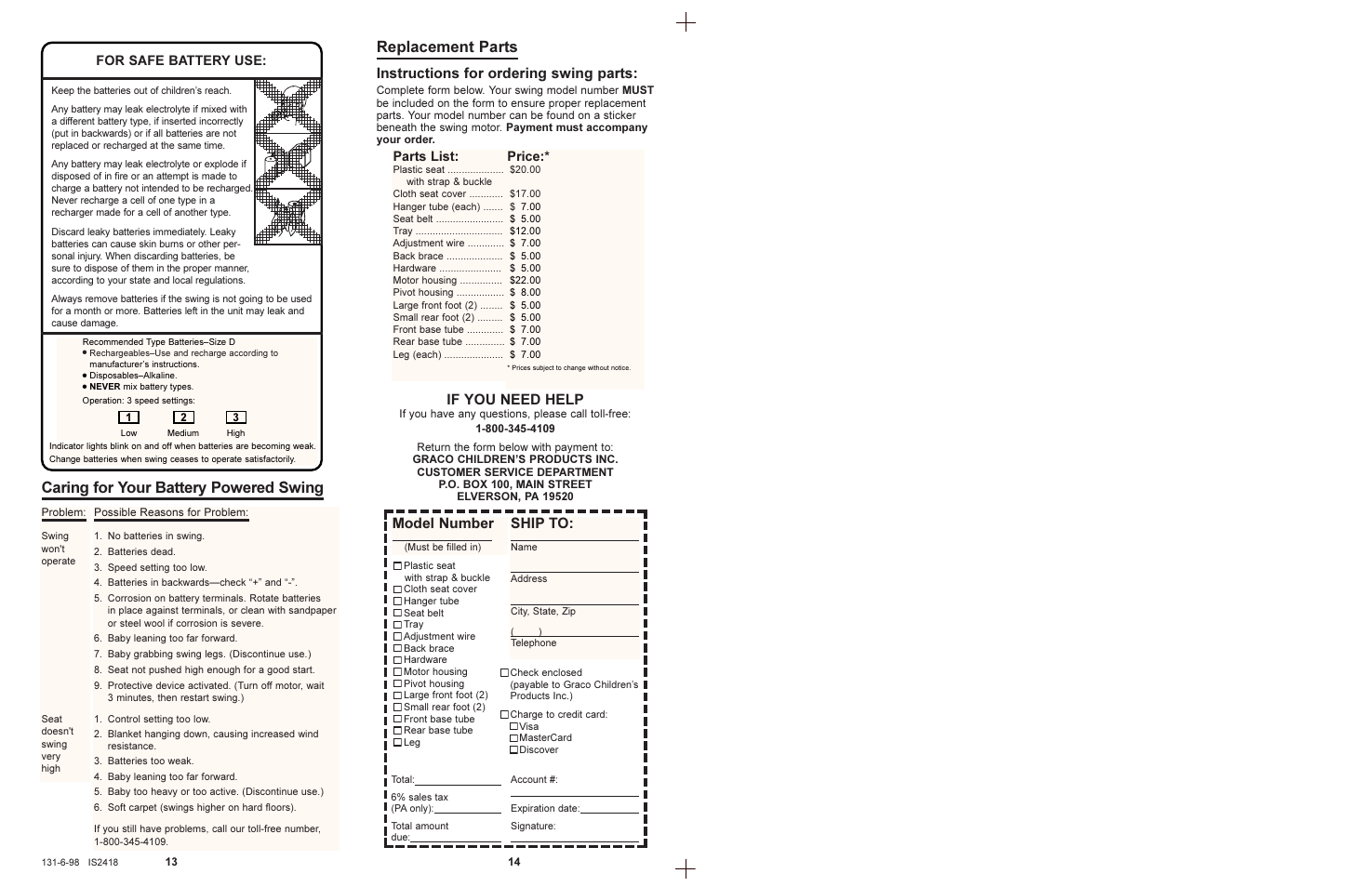 Replacement parts, Caring for your battery powered swing, Instructions for ordering swing parts | If you need help, Model number, Ship to, For safe battery use: parts list, Price | Graco 1434  EN User Manual | Page 7 / 7