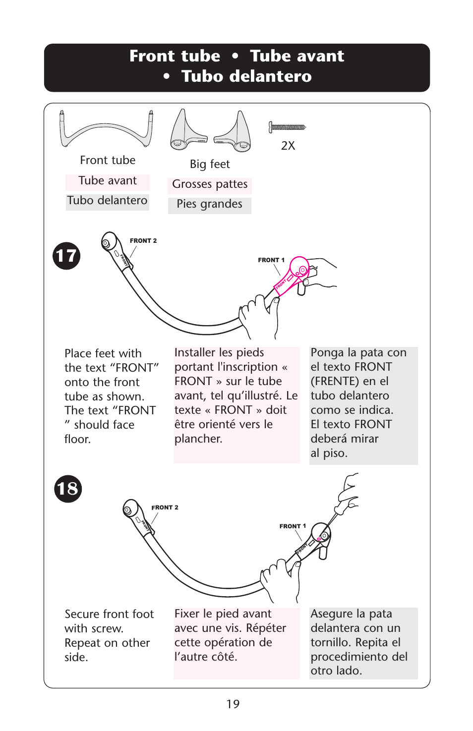 Front tube • tube avant • tubo delantero, Front tube tubo delantero tube avant | Graco Swing n' Bounce User Manual | Page 19 / 52