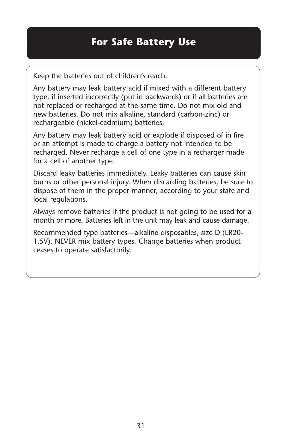 For safe battery use | Graco Swing n' Bounce User Manual | Page 31 / 52