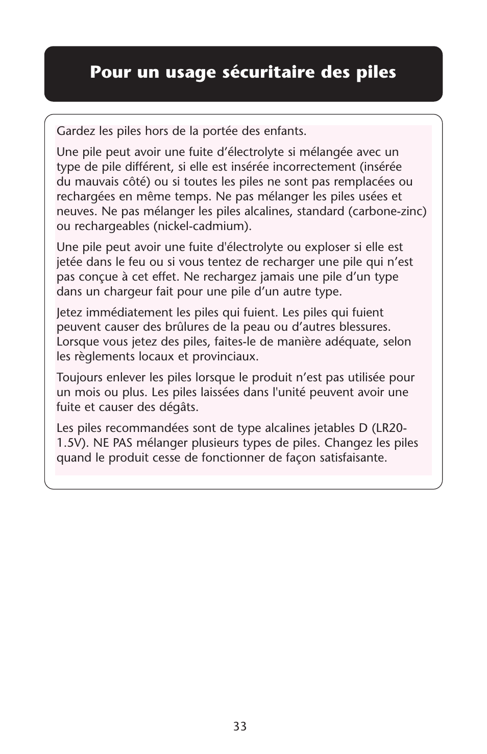 Pour un usage sécuritaire des piles | Graco Swing n' Bounce User Manual | Page 33 / 52