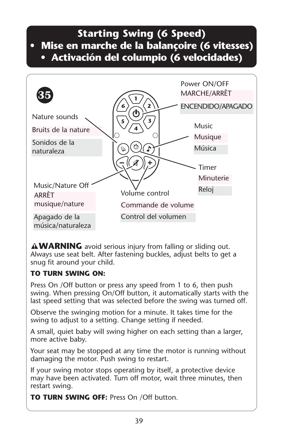 Warning | Graco Swing n' Bounce User Manual | Page 39 / 52