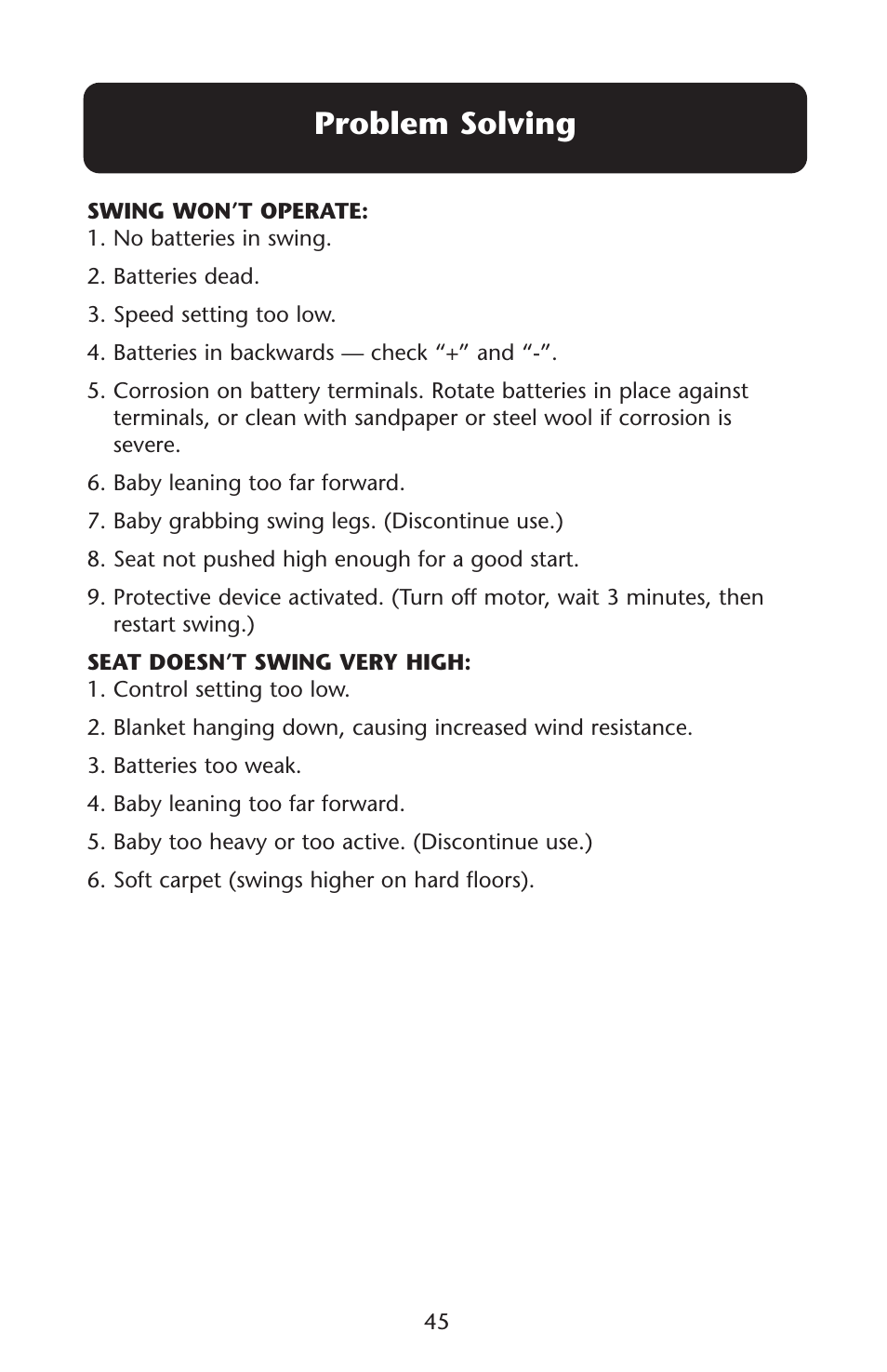 Problem solving | Graco Swing n' Bounce User Manual | Page 45 / 52