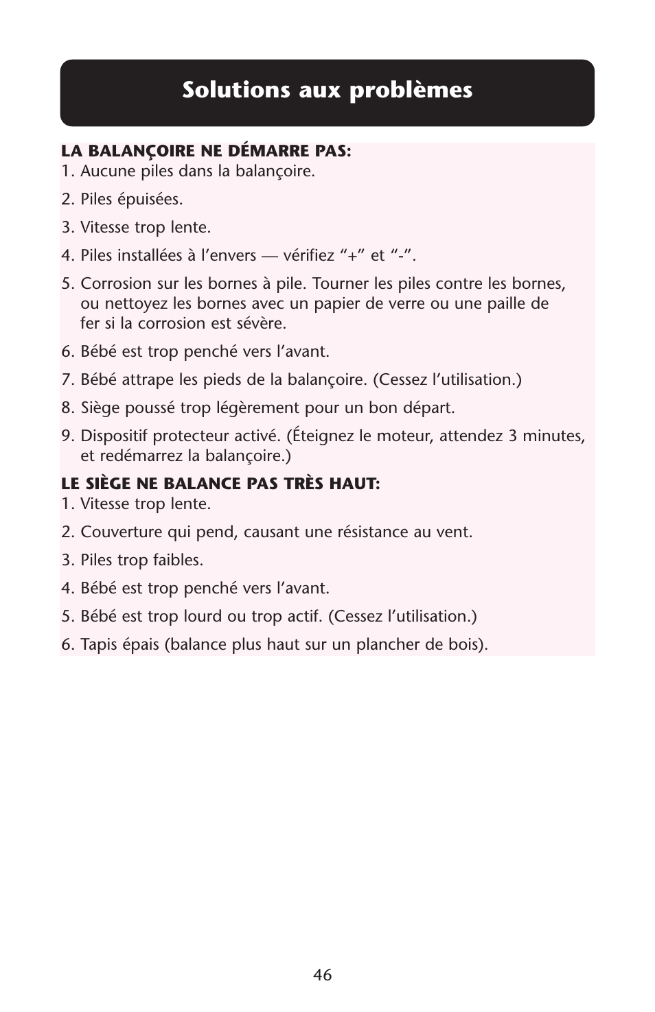 Solutions aux problèmes | Graco Swing n' Bounce User Manual | Page 46 / 52