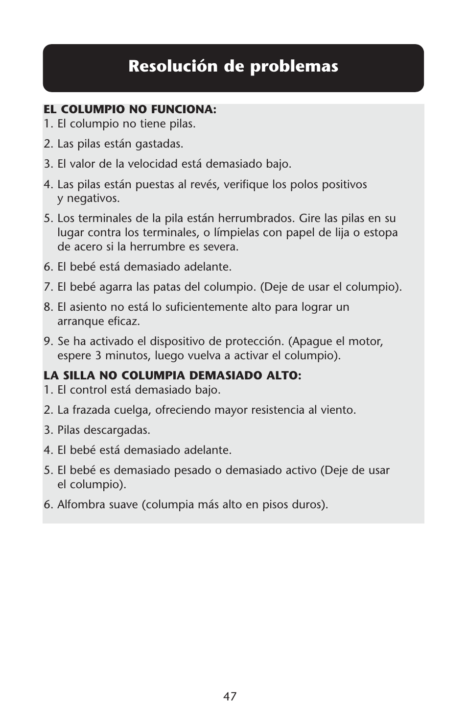 Resolución de problemas | Graco Swing n' Bounce User Manual | Page 47 / 52