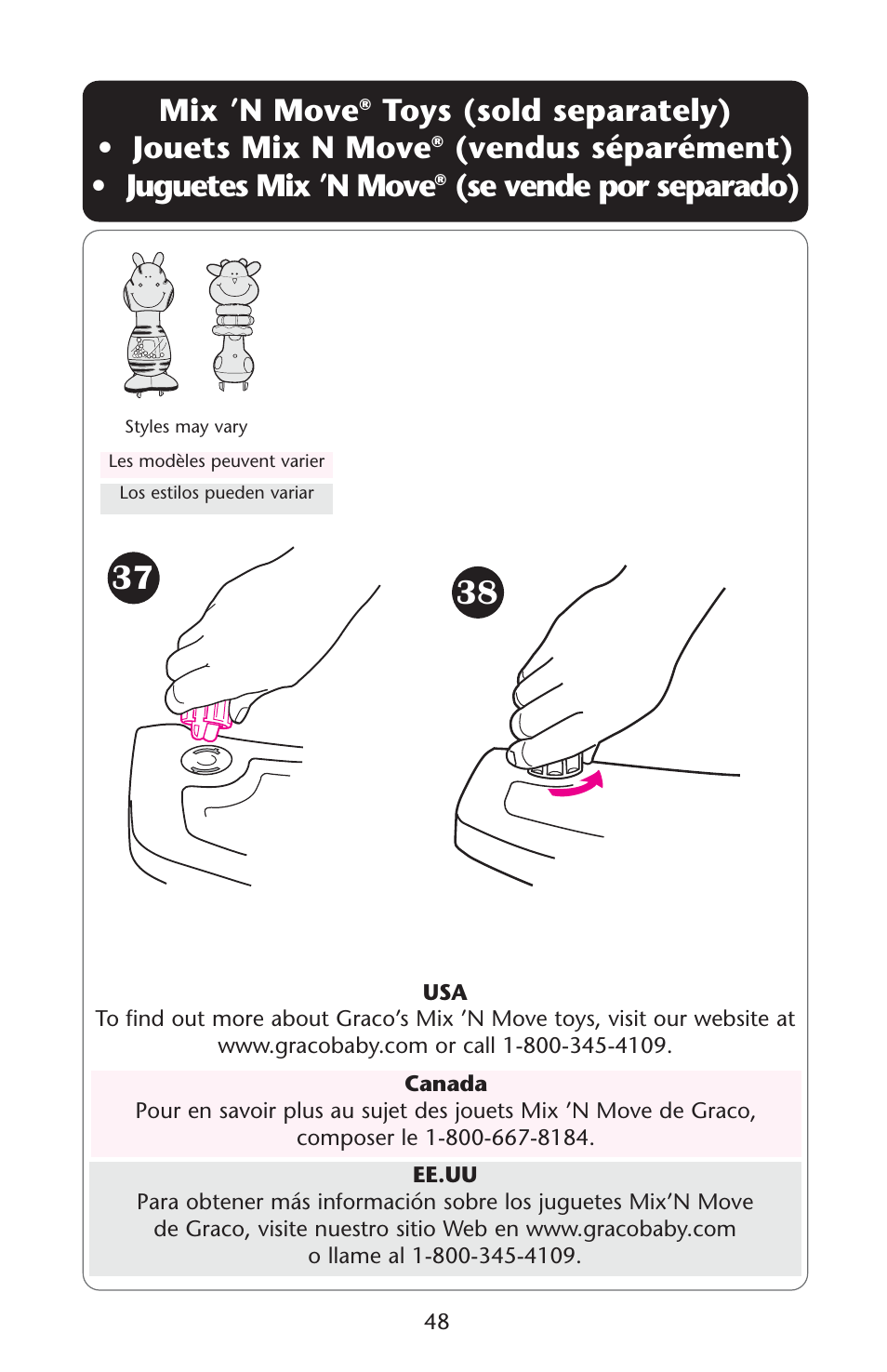 Mix ’n move, Toys (sold separately) • jouets mix n move, Vendus séparément) • juguetes mix ’n move | Se vende por separado) | Graco Swing n' Bounce User Manual | Page 48 / 52