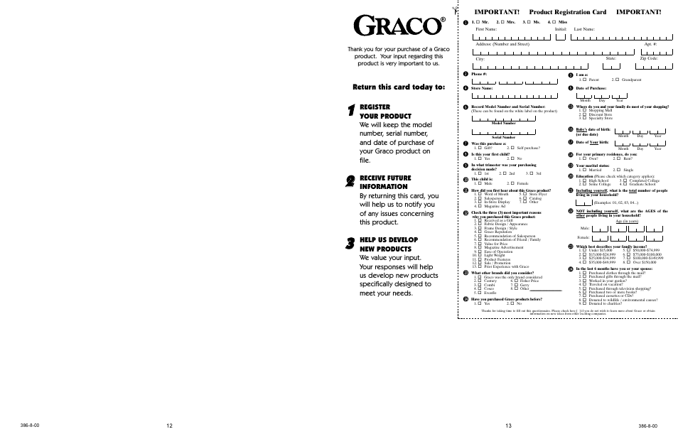 Bm bl bn bt bu bs br bq bo bp cl cm cn co cp, Return this card today to, Important! product registration card important | Graco 9757 User Manual | Page 12 / 24