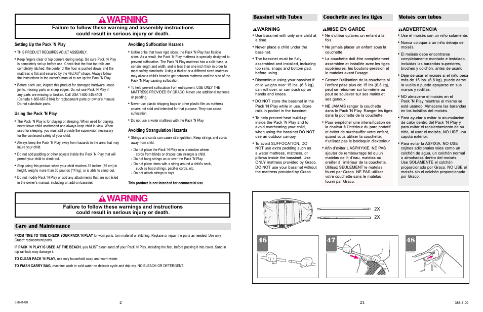 Warning, Care and maintenance | Graco 9757 User Manual | Page 2 / 24