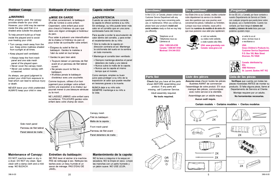 Parts list liste des pièces lista de las piezas, Questions? des questions? ¿preguntas, Maintenance of canopy | Entretien du baldaquin, Mantenimiento de la capota | Graco 9757 User Manual | Page 20 / 24