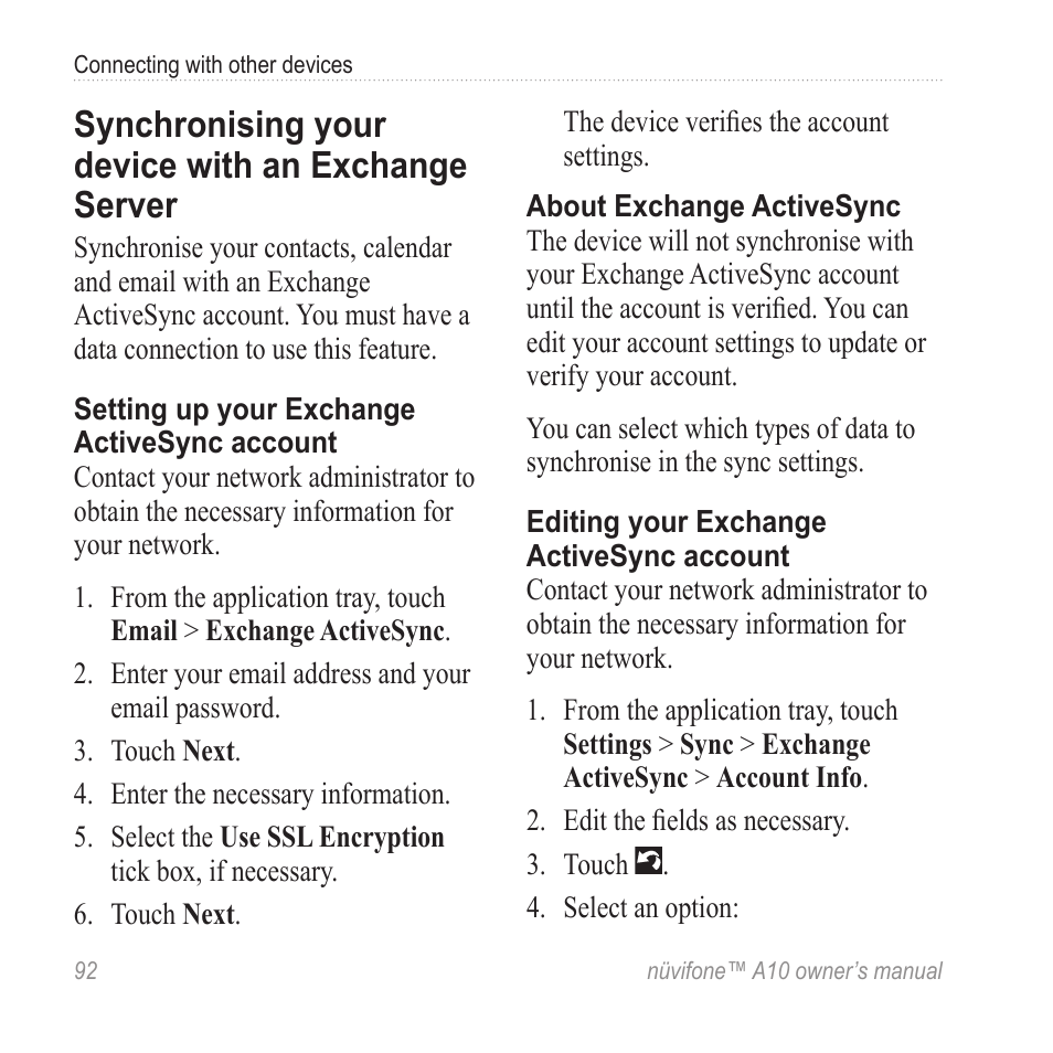 Synchronising your device with an exchange server, Synchronising your device with an, Exchange server | Graco NUVIFONE A10 User Manual | Page 100 / 136