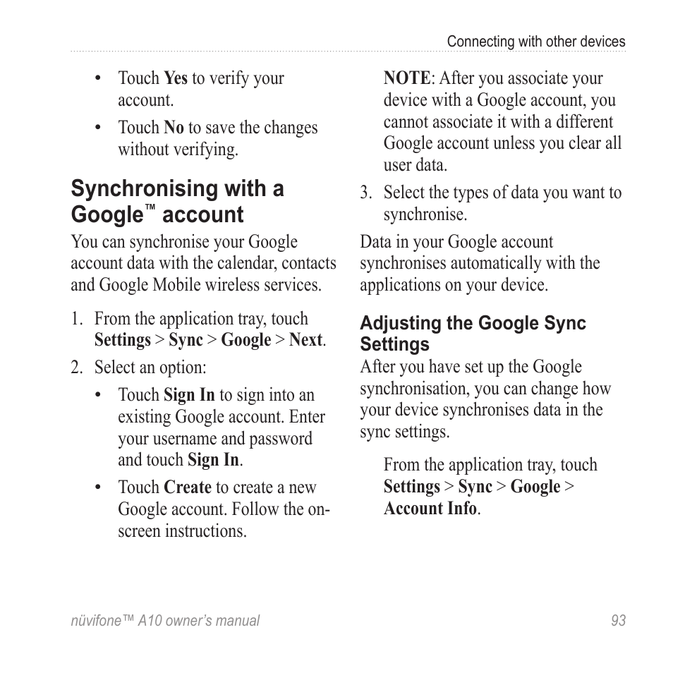 Synchronising with a google™ account, Synchronising with a google, Account | Graco NUVIFONE A10 User Manual | Page 101 / 136