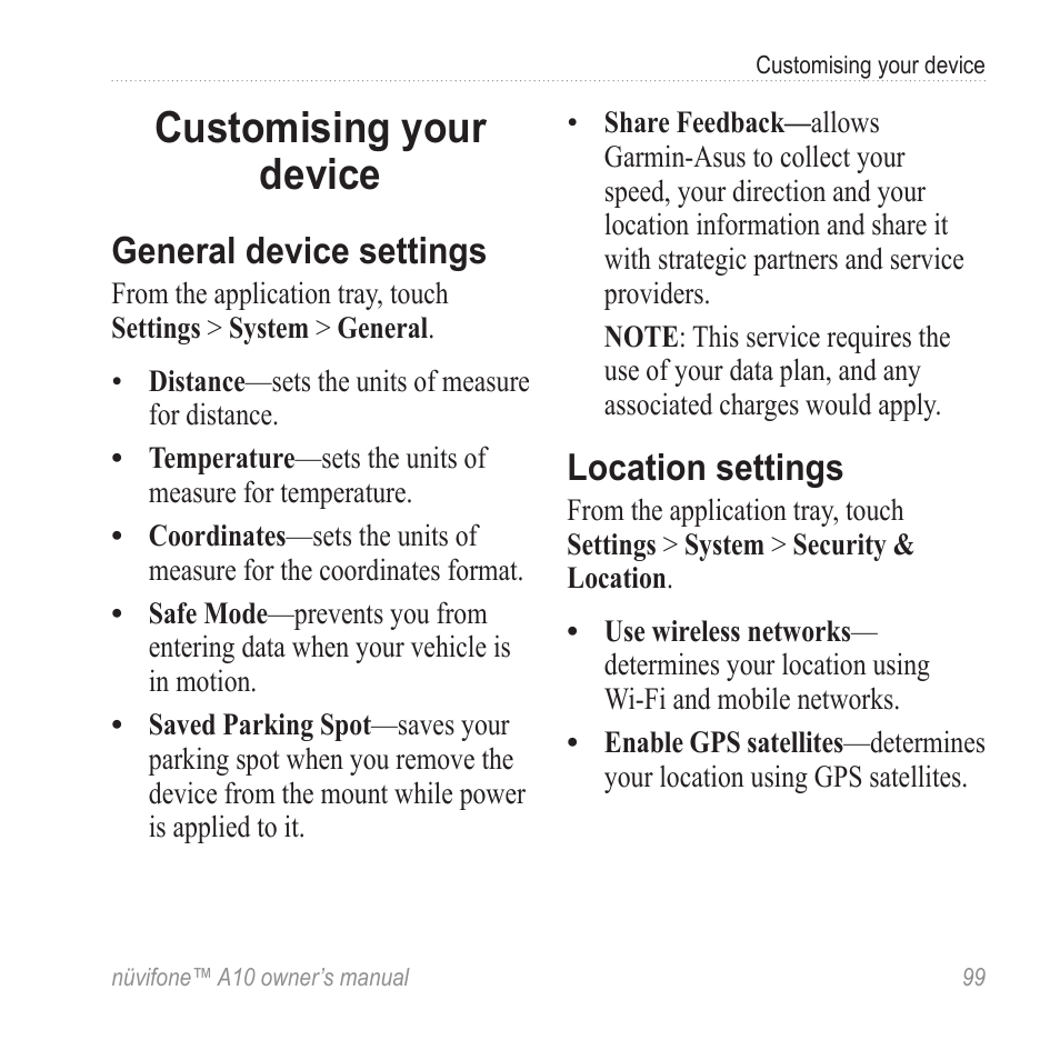 Customising your device, General device settings, Location settings | Graco NUVIFONE A10 User Manual | Page 107 / 136