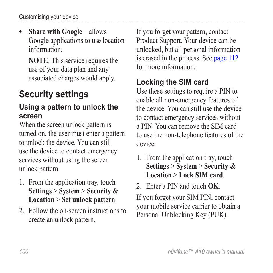 Security settings | Graco NUVIFONE A10 User Manual | Page 108 / 136