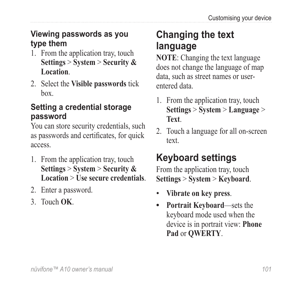 Changing the text language, Keyboard settings | Graco NUVIFONE A10 User Manual | Page 109 / 136