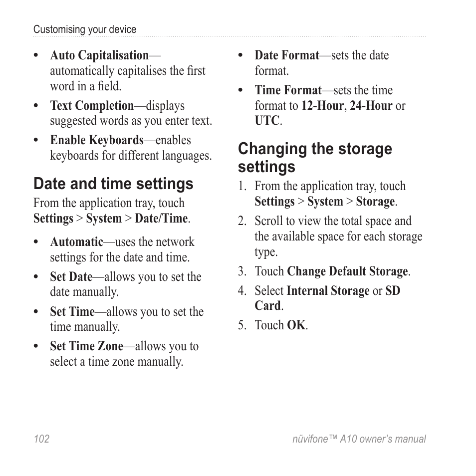 Date and time settings, Changing the storage settings, Settings, see | Graco NUVIFONE A10 User Manual | Page 110 / 136