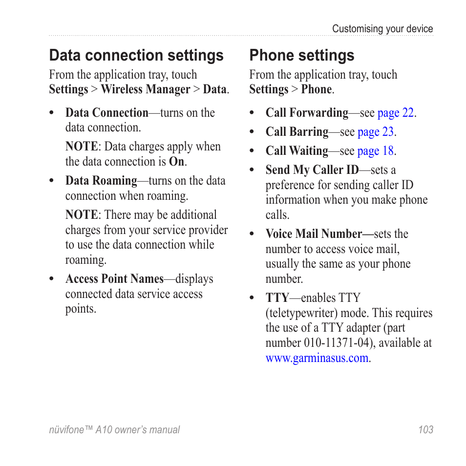 Data connection settings, Phone settings | Graco NUVIFONE A10 User Manual | Page 111 / 136