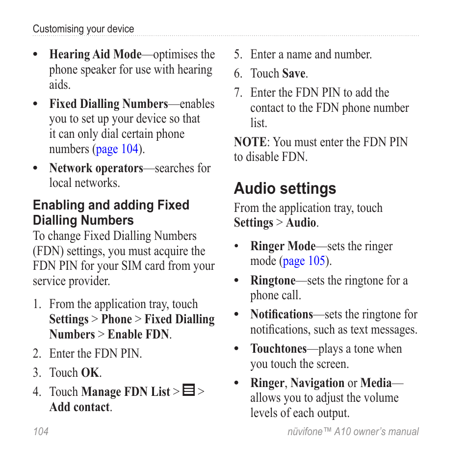 Audio settings | Graco NUVIFONE A10 User Manual | Page 112 / 136