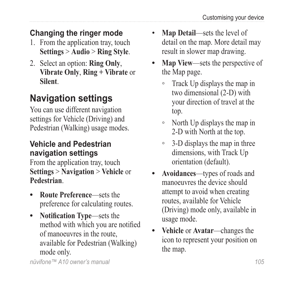 Navigation settings | Graco NUVIFONE A10 User Manual | Page 113 / 136