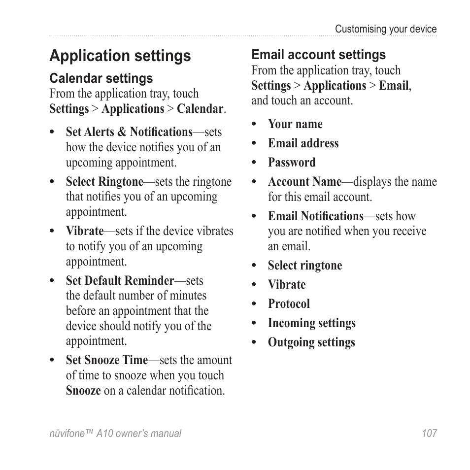 Application settings | Graco NUVIFONE A10 User Manual | Page 115 / 136