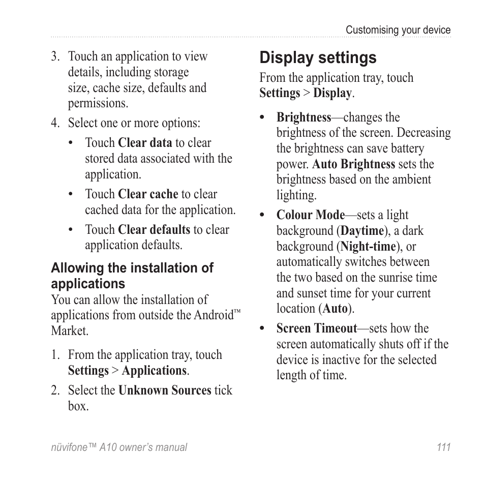 Display settings | Graco NUVIFONE A10 User Manual | Page 119 / 136