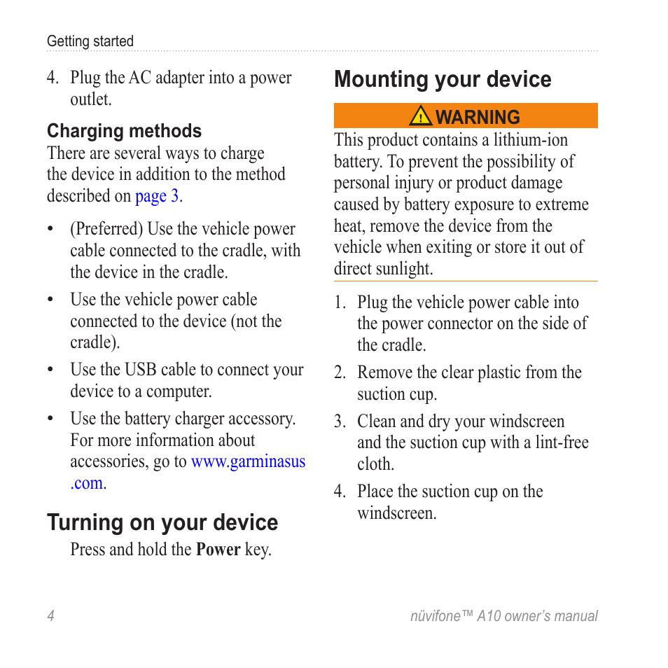 Turning on your device, Mounting your device | Graco NUVIFONE A10 User Manual | Page 12 / 136