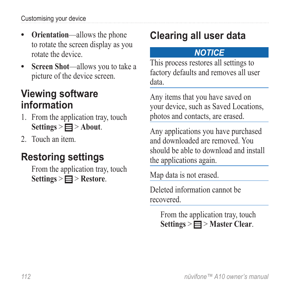 Viewing software information, Restoring settings, Clearing all user data | Graco NUVIFONE A10 User Manual | Page 120 / 136