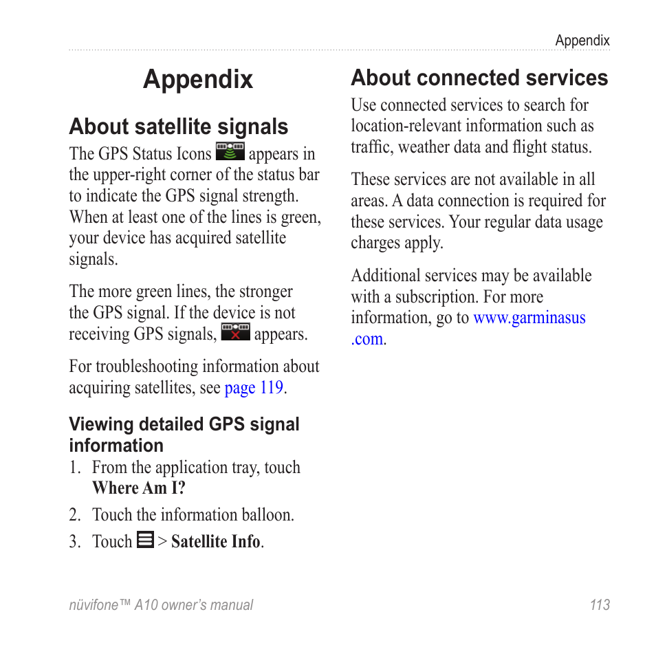 Appendix, About satellite signals, About connected services | Graco NUVIFONE A10 User Manual | Page 121 / 136