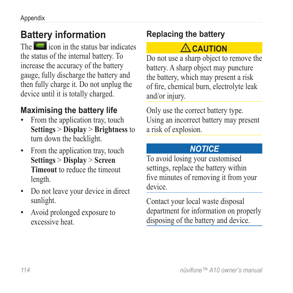 Battery information | Graco NUVIFONE A10 User Manual | Page 122 / 136